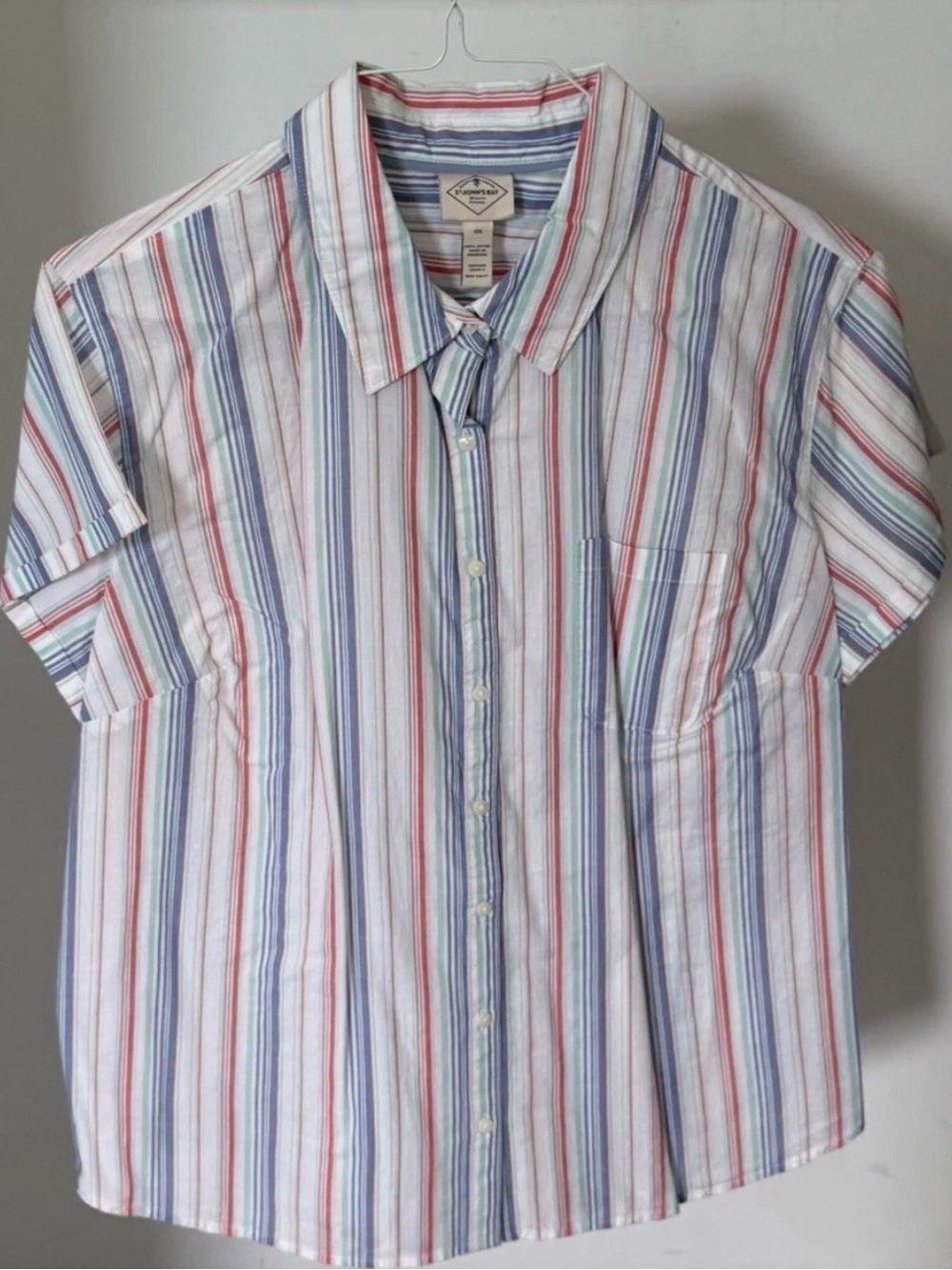 St John’s Bay Women’s Short Sleeve Button Down Shirt White Stripe Size 0X